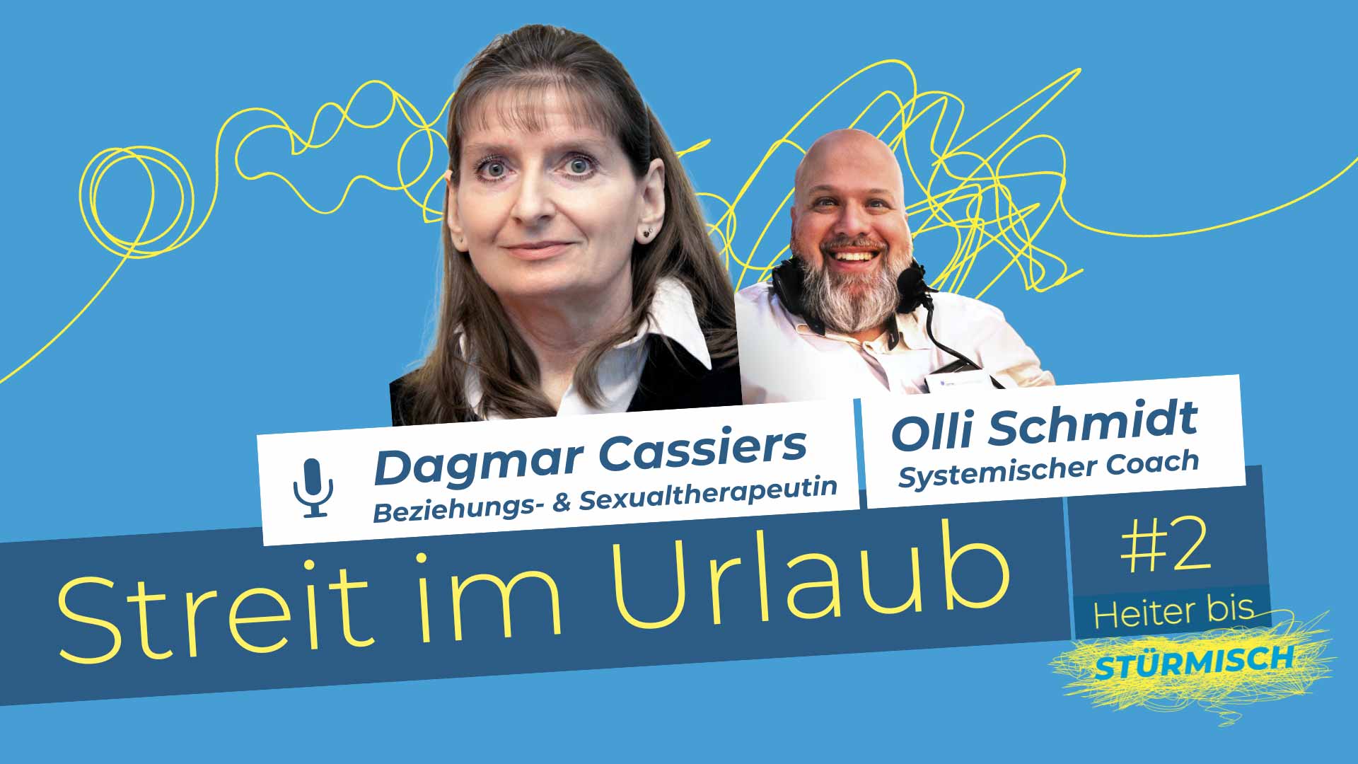 Podcast-Grafik der Folge 2 mit den Personen Olli Schmidt und Dagmar Cassiers